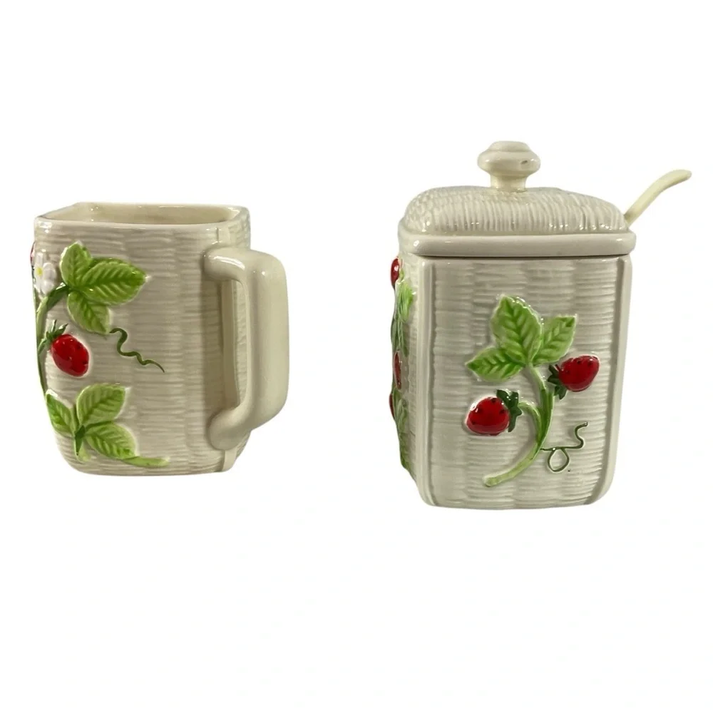 Vintage 1982 Otagiri Japan Strawberry Ceramic Creamer & Sugar Jar Set with Spoon